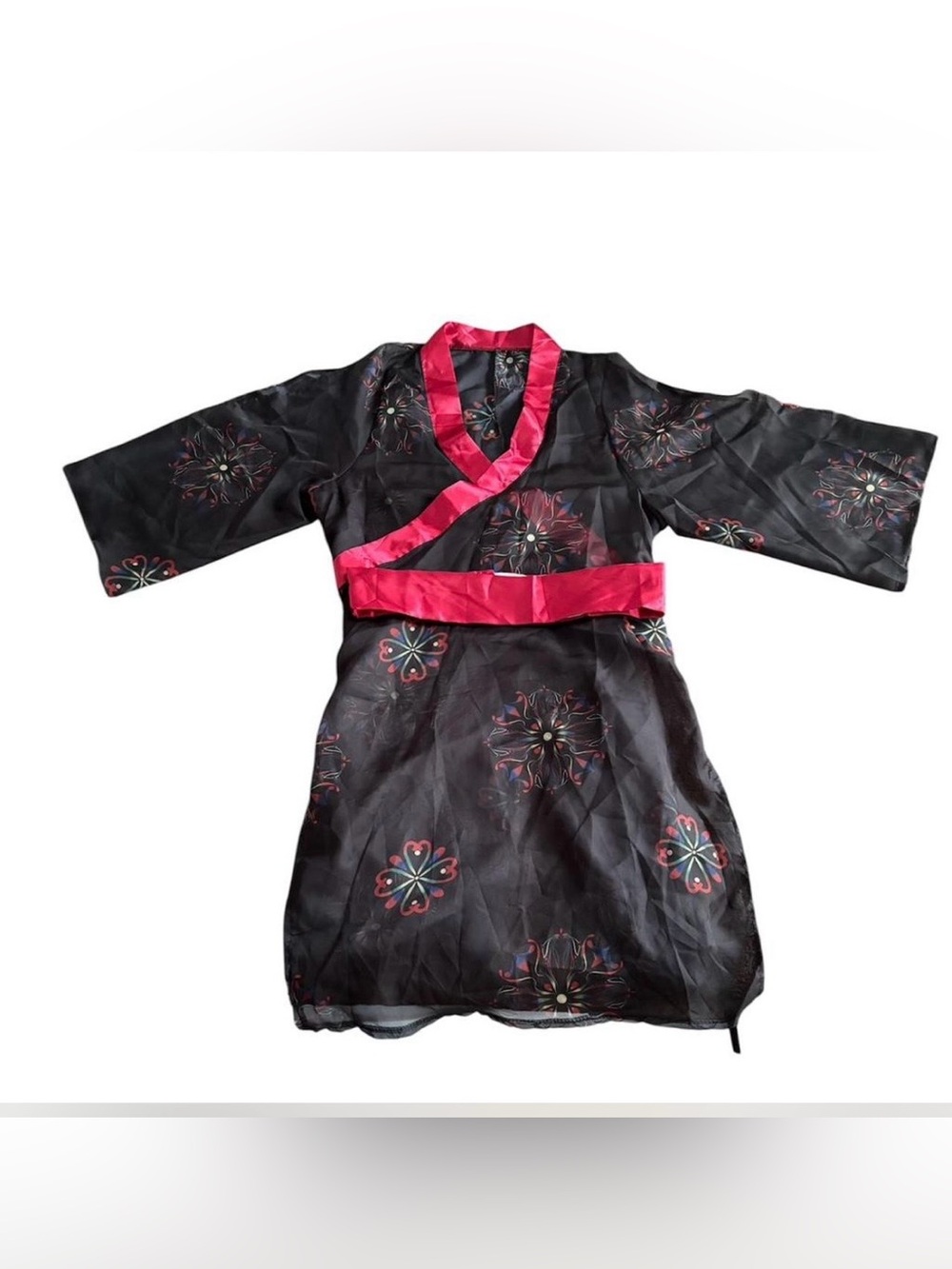 Girls Black Floral Satin Dress with Pink Trim